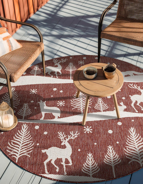 Seasonal Festive Red 7' 10 x 7' 10 Outdoor Holiday Round Area Rug Weather Resistant for Patio, Deck, Terrace, Balcony, Porch Winter Decor Carpet for Sale at Rug Engine
