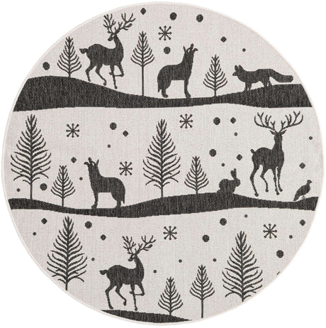 Black and White 5' 3 x 5' 3 Outdoor Holiday Round Rug