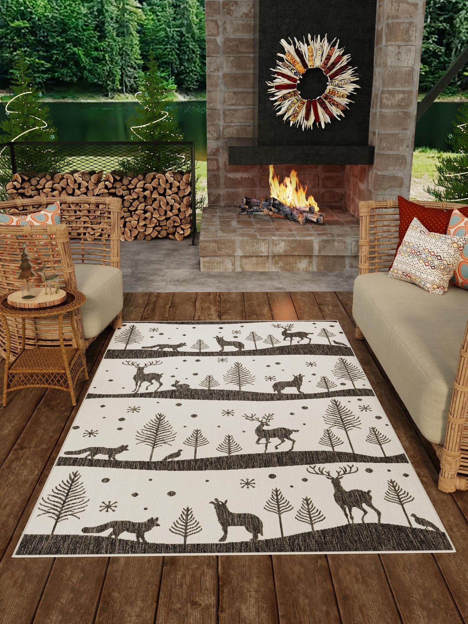 Seasonal Festive Black and White 9' x 12' Outdoor Holiday Rectangle Area Rug Weather Resistant for Patio, Deck, Terrace, Balcony, Porch