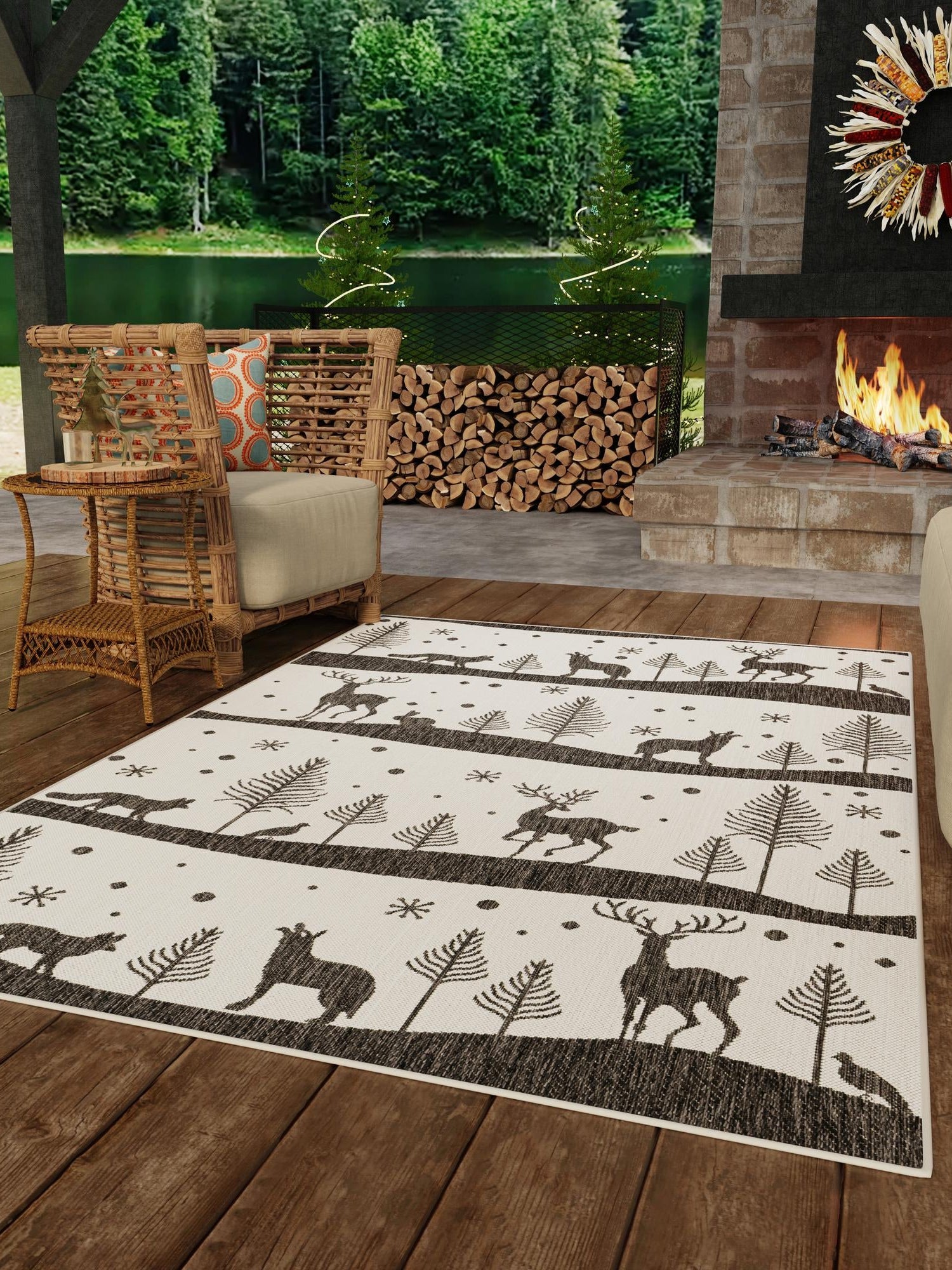 Seasonal Festive Black and White 4' 1 x 6' 1 Outdoor Holiday Rectangle Area Rug Weather Resistant for Patio, Deck, Terrace, Balcony, Porch