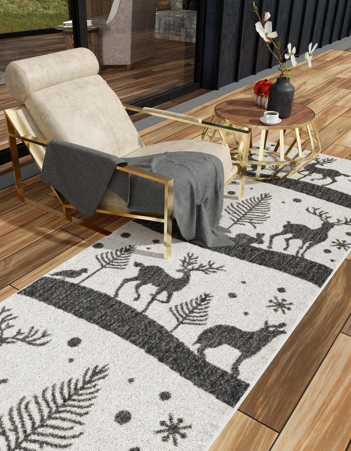 Seasonal Festive Black and White 2' x 8' Outdoor Holiday Runner Area Rug Weather Resistant for Patio, Deck, Terrace, Balcony, Porch Winter Decor Carpet for Sale at Rug Engine