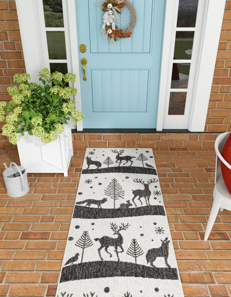 Seasonal Festive Black and White 2' x 8' Outdoor Holiday Runner Area Rug Weather Resistant for Patio, Deck, Terrace, Balcony, Porch Winter Decor Carpet for Sale at Rug Engine