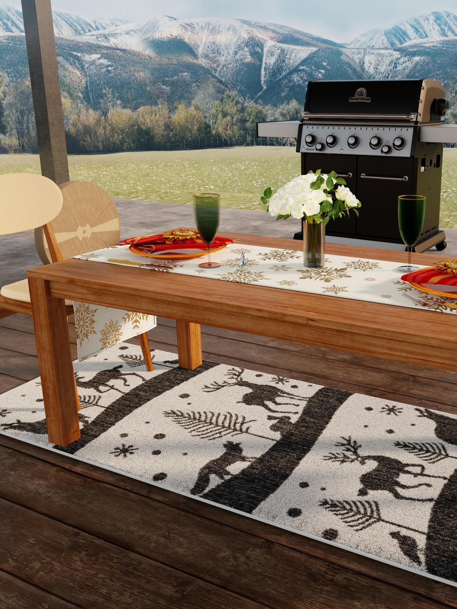 Seasonal Festive Black and White 2' x 6' 1 Outdoor Holiday Runner Area Rug Weather Resistant for Patio, Deck, Terrace, Balcony, Porch Winter Decor Carpet for Sale at Rug Engine