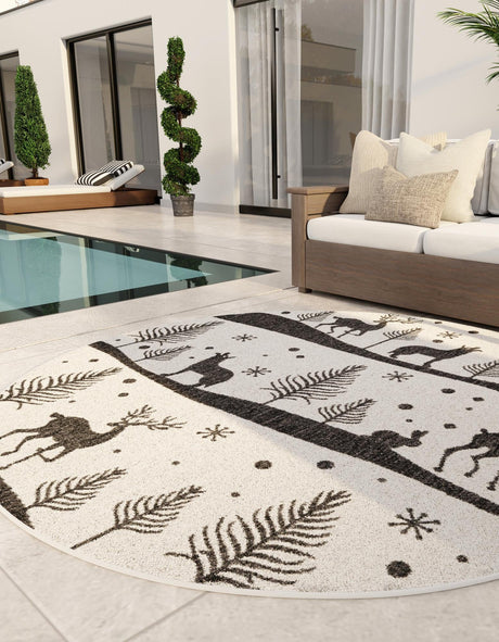 Seasonal Festive Black and White 3' 1 x 3' 1 Outdoor Holiday Round Area Rug Weather Resistant for Patio, Deck, Terrace, Balcony, Porch Winter Decor Carpet for Sale at Rug Engine