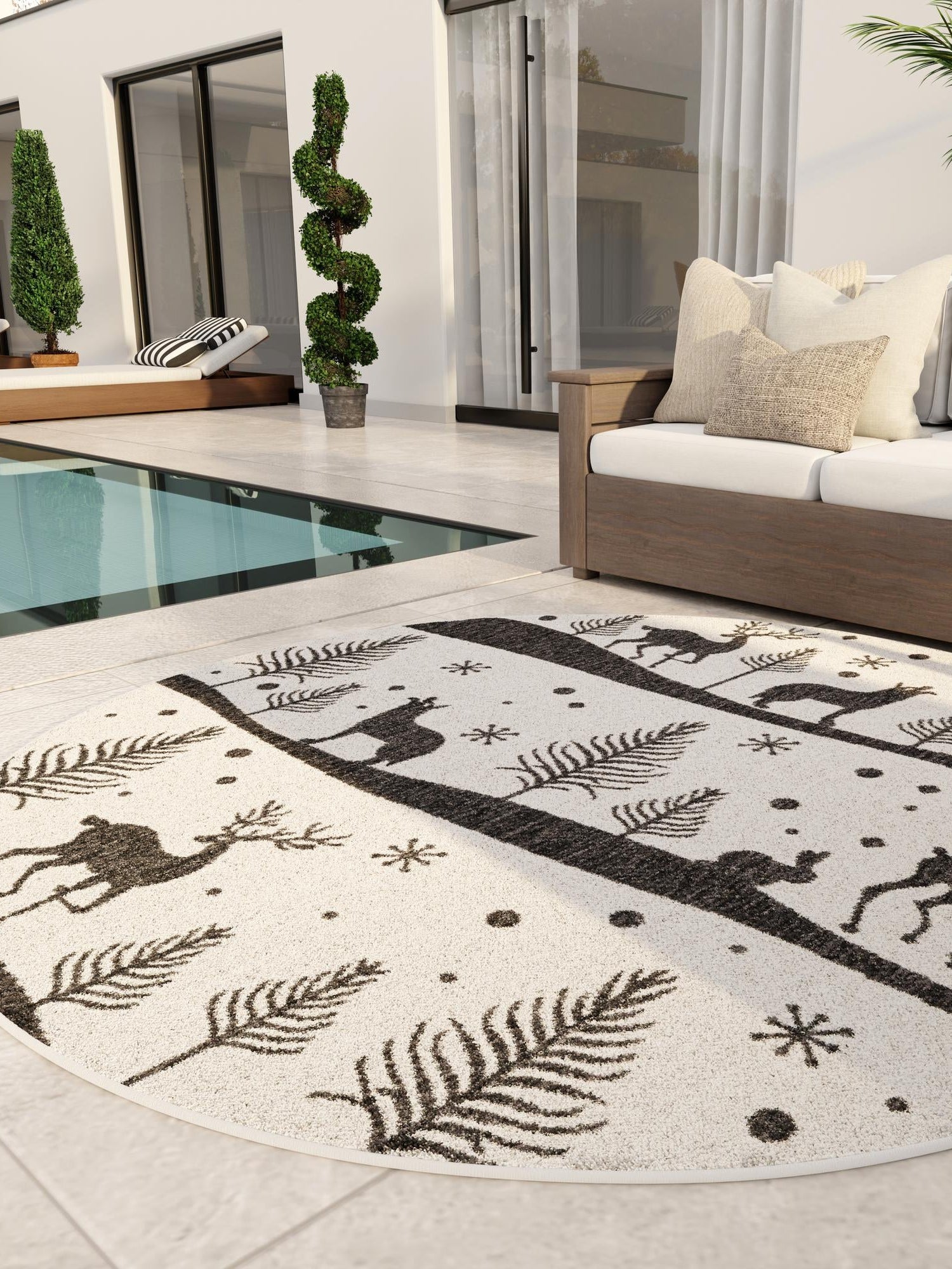 Seasonal Festive Black and White 7' 10 x 7' 10 Outdoor Holiday Round Area Rug Weather Resistant for Patio, Deck, Terrace, Balcony, Porch Winter Decor Carpet for Sale at Rug Engine