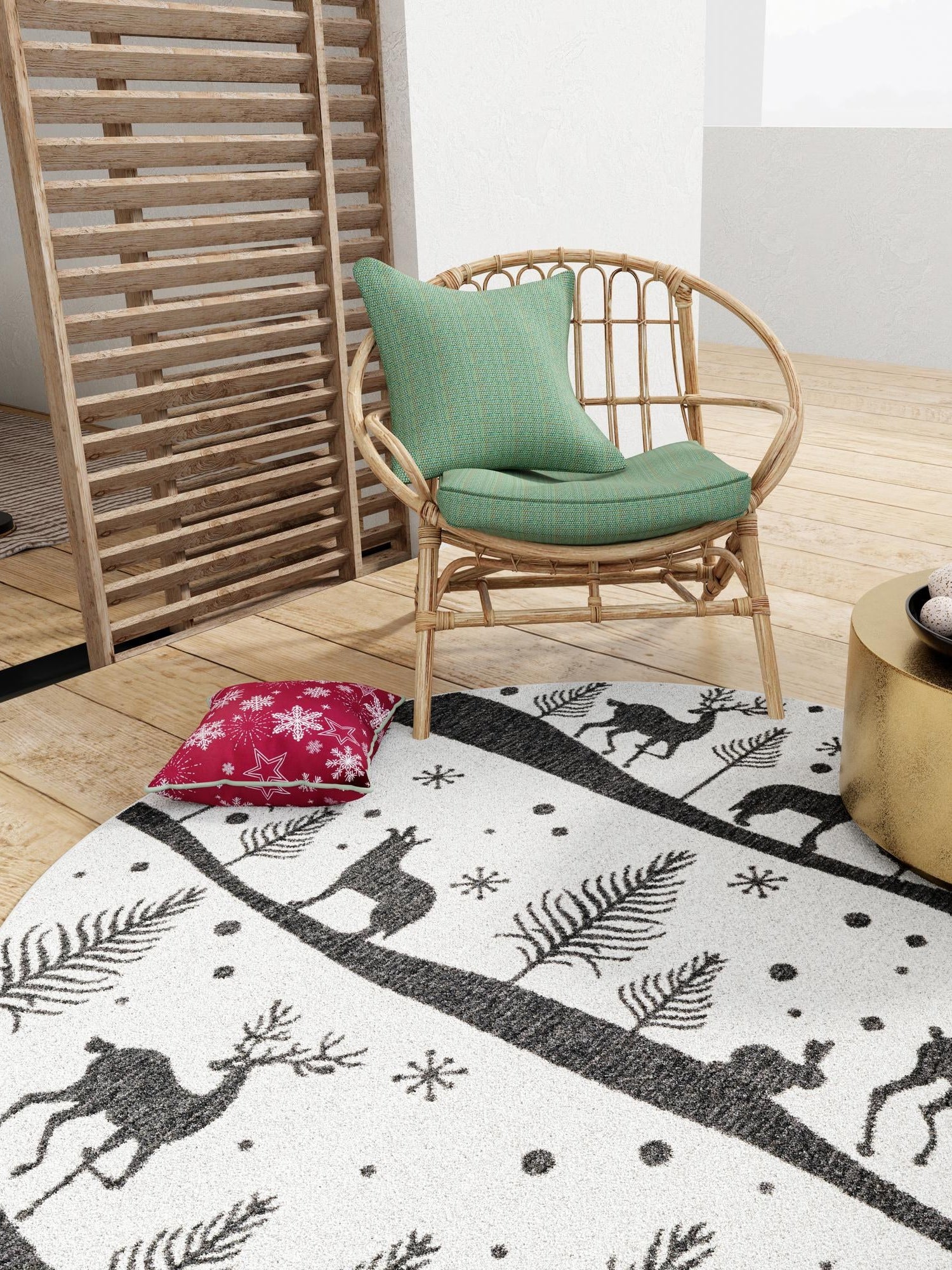 Seasonal Festive Black and White 7' 10 x 7' 10 Outdoor Holiday Round Area Rug Weather Resistant for Patio, Deck, Terrace, Balcony, Porch Winter Decor Carpet for Sale at Rug Engine