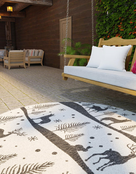 Seasonal Festive Black and White 7' 10 x 7' 10 Outdoor Holiday Round Area Rug Weather Resistant for Patio, Deck, Terrace, Balcony, Porch Winter Decor Carpet for Sale at Rug Engine