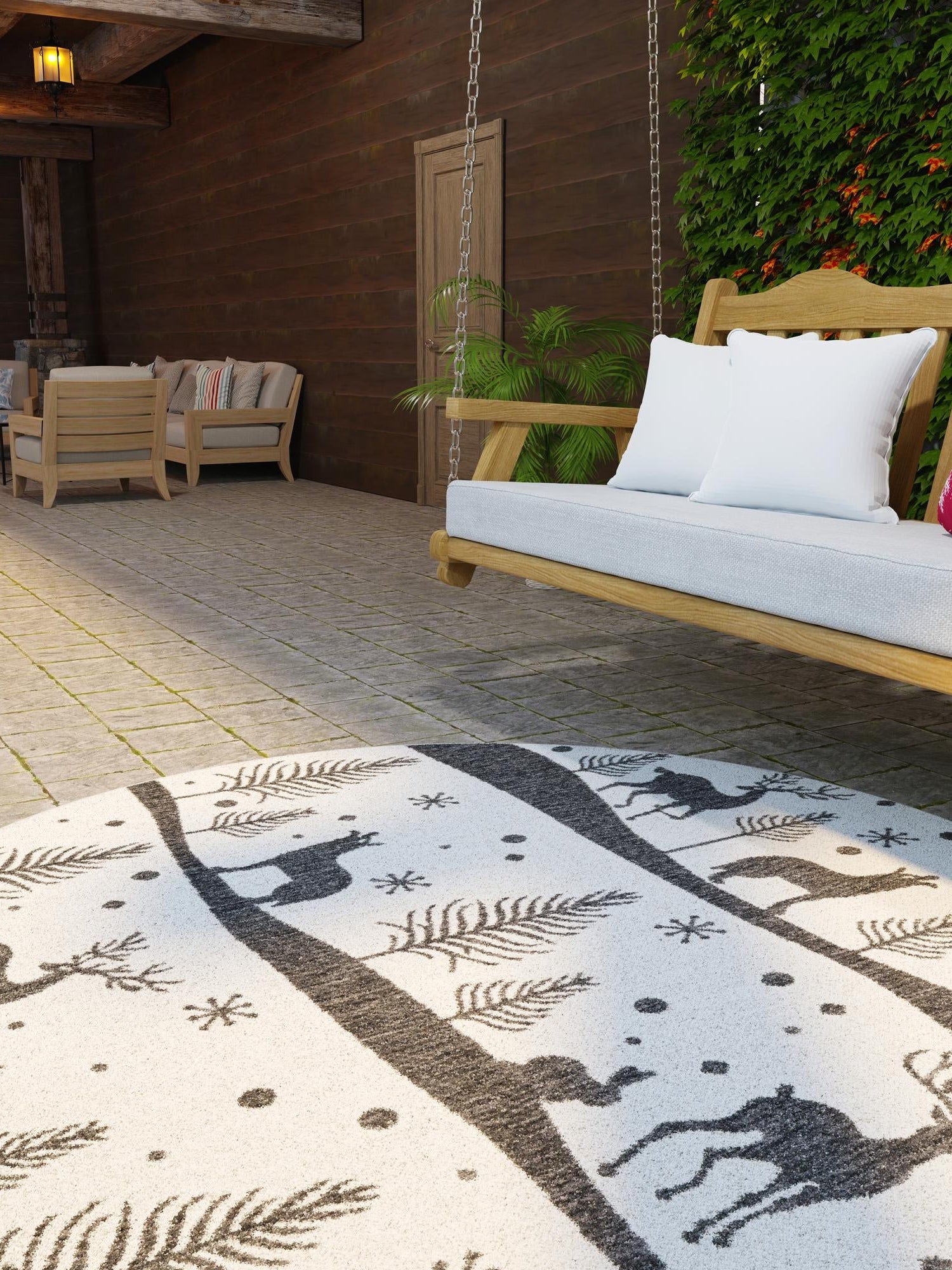 Seasonal Festive Black and White 5' 3 x 5' 3 Outdoor Holiday Round Area Rug Weather Resistant for Patio, Deck, Terrace, Balcony, Porch