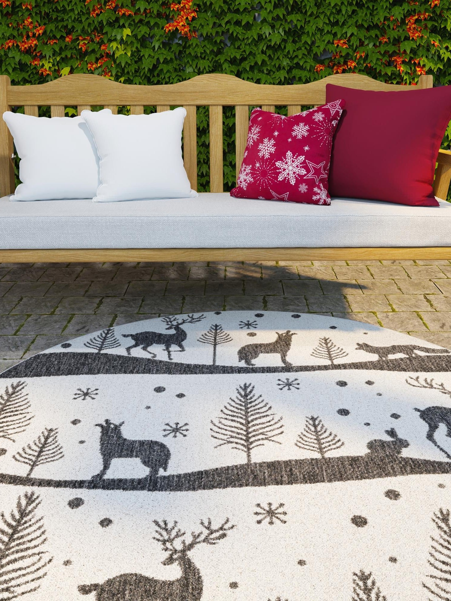 Seasonal Festive Black and White 7' 10 x 7' 10 Outdoor Holiday Round Area Rug Weather Resistant for Patio, Deck, Terrace, Balcony, Porch Winter Decor Carpet for Sale at Rug Engine