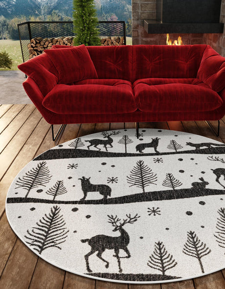 Seasonal Festive Black and White 3' 1 x 3' 1 Outdoor Holiday Round Area Rug Weather Resistant for Patio, Deck, Terrace, Balcony, Porch Winter Decor Carpet for Sale at Rug Engine