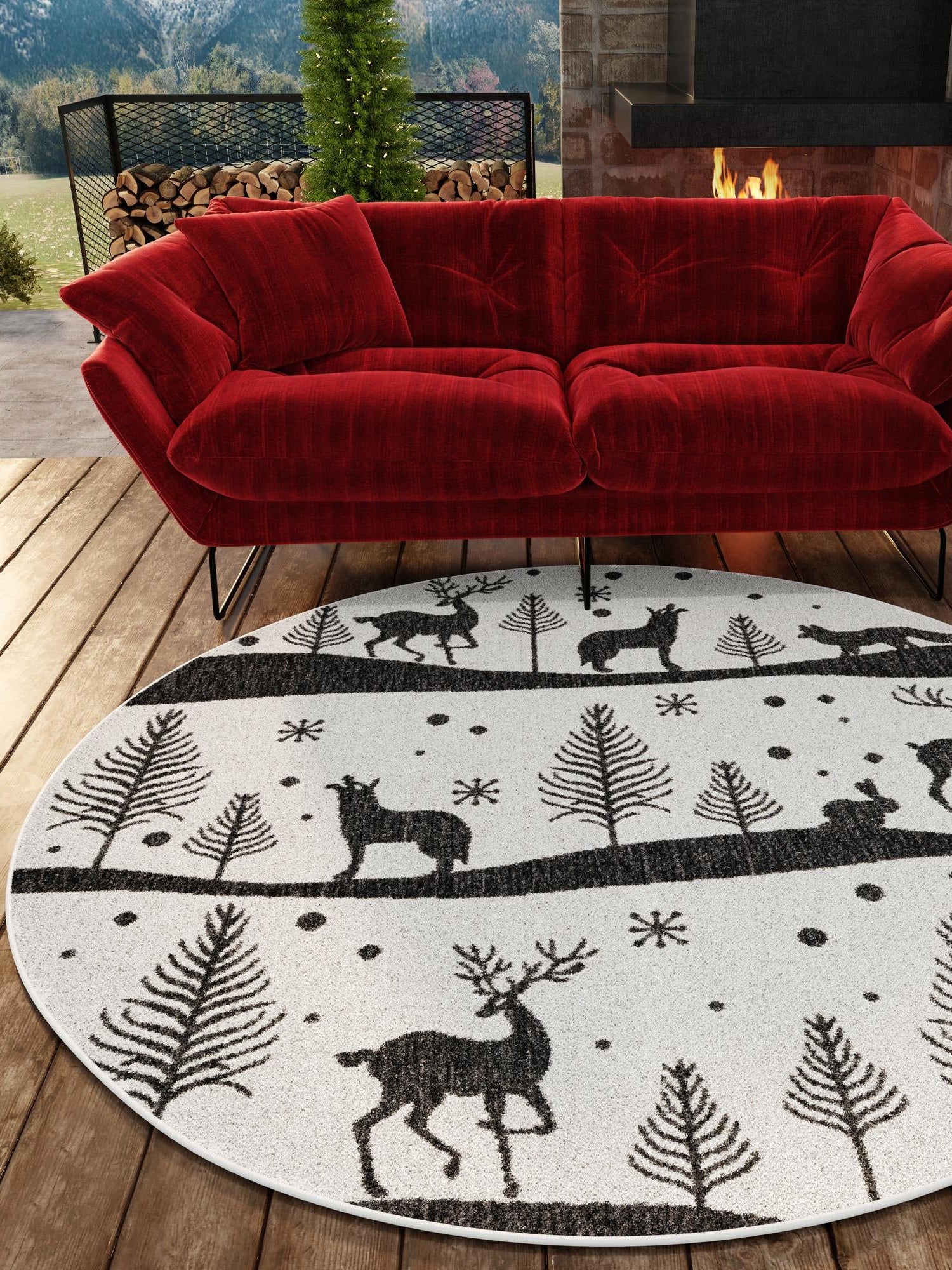 Seasonal Festive Black and White 5' 3 x 5' 3 Outdoor Holiday Round Area Rug Weather Resistant for Patio, Deck, Terrace, Balcony, Porch
