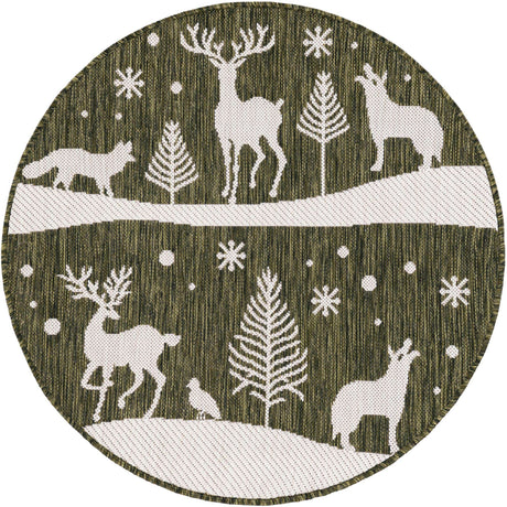 Green 3' 1 x 3' 1 Outdoor Holiday Round Rug