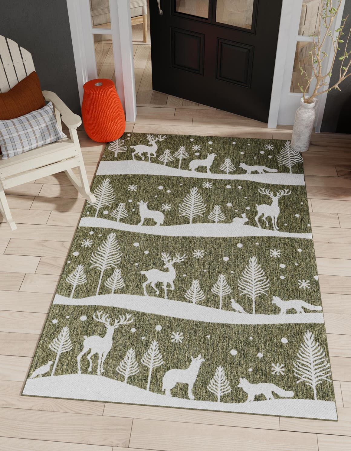 Seasonal Festive Green 5' 3 x 8' Outdoor Holiday Rectangle Area Rug Weather Resistant for Patio, Deck, Terrace, Balcony, Porch