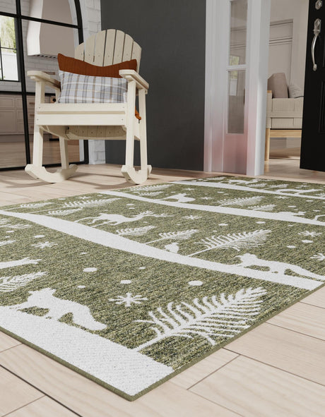 Seasonal Festive Green 4' 1 x 6' 1 Outdoor Holiday Rectangle Area Rug Weather Resistant for Patio, Deck, Terrace, Balcony, Porch Winter Decor Carpet for Sale at Rug Engine