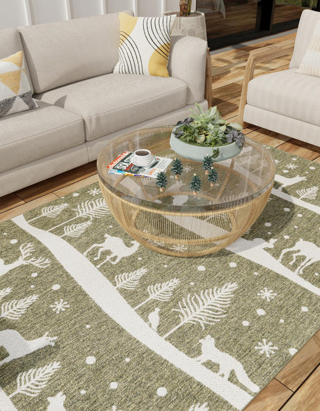 Seasonal Festive Green 4' 1 x 6' 1 Outdoor Holiday Rectangle Area Rug Weather Resistant for Patio, Deck, Terrace, Balcony, Porch Winter Decor Carpet for Sale at Rug Engine