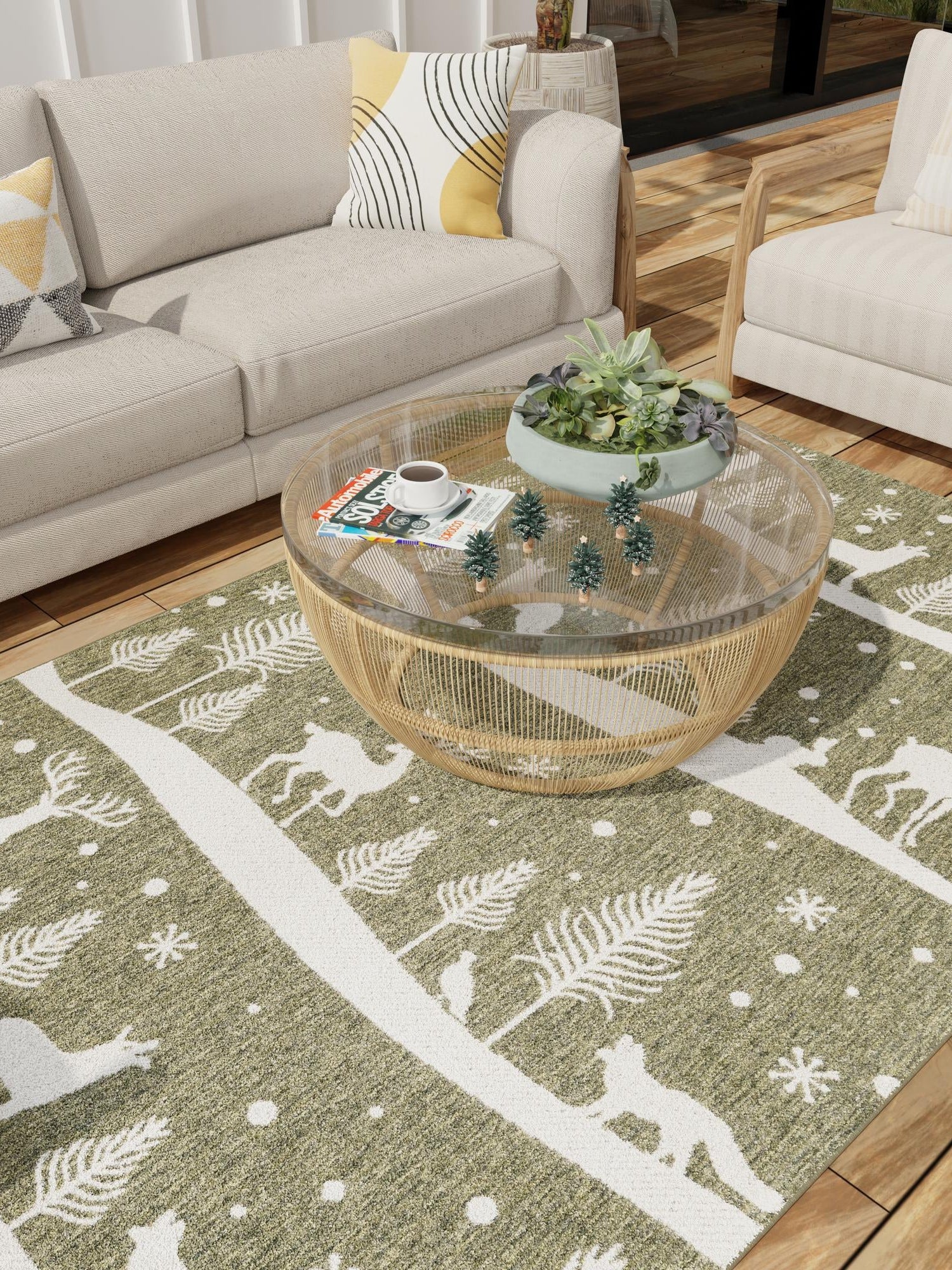 Seasonal Festive Green 5' 3 x 8' Outdoor Holiday Rectangle Area Rug Weather Resistant for Patio, Deck, Terrace, Balcony, Porch