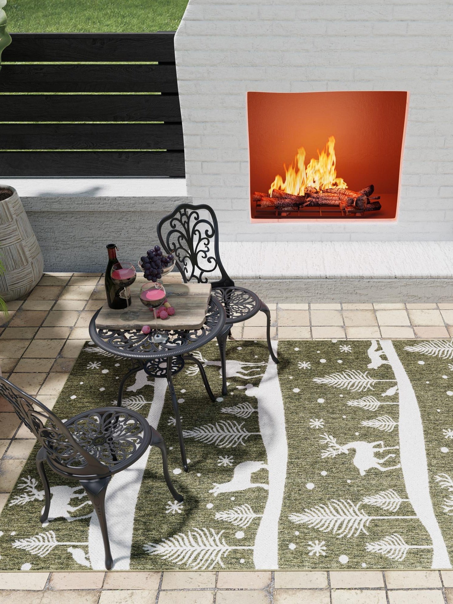 Seasonal Festive Green 9' x 12' Outdoor Holiday Rectangle Area Rug Weather Resistant for Patio, Deck, Terrace, Balcony, Porch