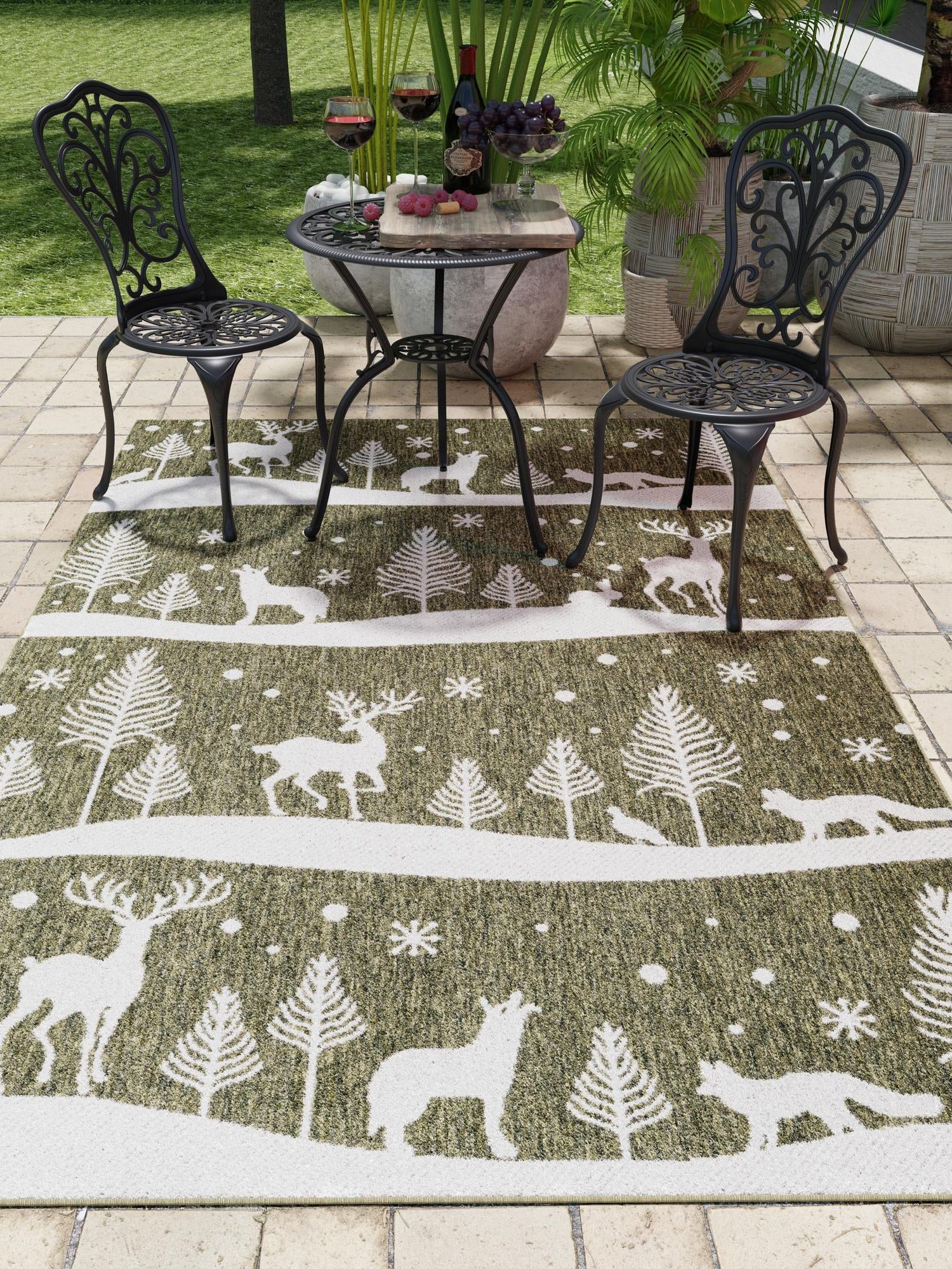 Seasonal Festive Green 5' 3 x 7' 1 Outdoor Holiday Rectangle Area Rug Weather Resistant for Patio, Deck, Terrace, Balcony, Porch Winter Decor Carpet for Sale at Rug Engine