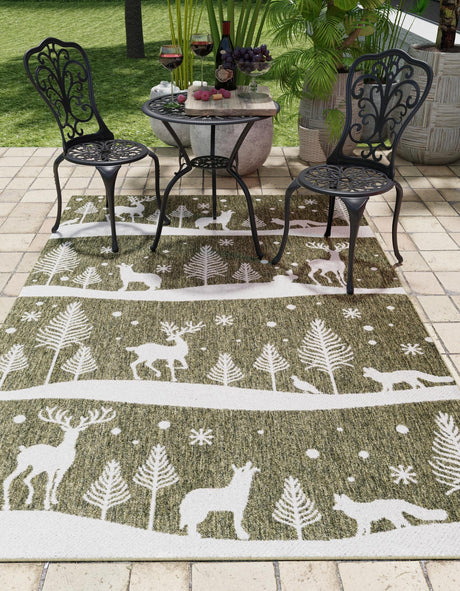 Seasonal Festive Green 5' 3 x 7' 1 Outdoor Holiday Rectangle Area Rug Weather Resistant for Patio, Deck, Terrace, Balcony, Porch Winter Decor Carpet for Sale at Rug Engine