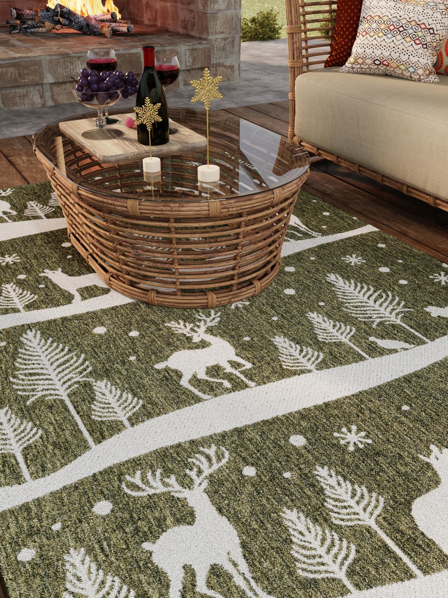 Seasonal Festive Green 7' 10 x 10' Outdoor Holiday Rectangle Area Rug Weather Resistant for Patio, Deck, Terrace, Balcony, Porch