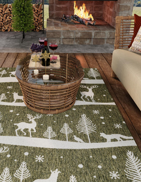 Seasonal Festive Green 5' 3 x 7' 1 Outdoor Holiday Rectangle Area Rug Weather Resistant for Patio, Deck, Terrace, Balcony, Porch Winter Decor Carpet for Sale at Rug Engine