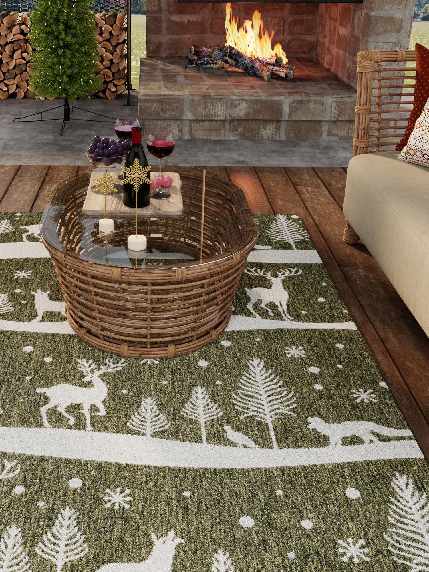 Seasonal Festive Green 4' 1 x 6' 1 Outdoor Holiday Rectangle Area Rug Weather Resistant for Patio, Deck, Terrace, Balcony, Porch Winter Decor Carpet for Sale at Rug Engine