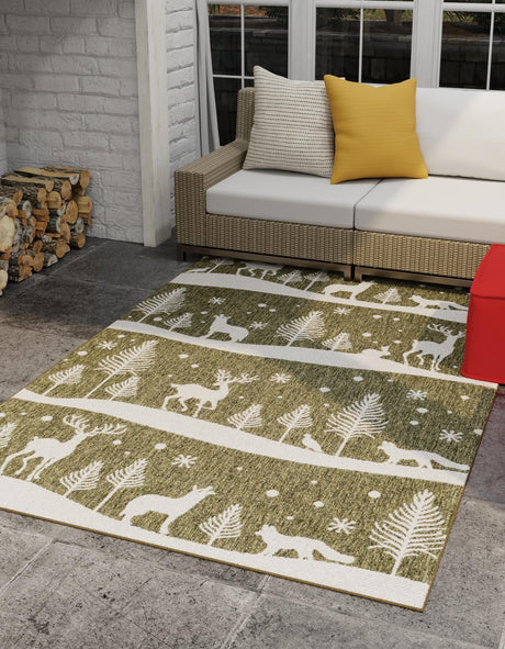 Seasonal Festive Green 2' x 3' 1 Outdoor Holiday Rectangle Area Rug Weather Resistant for Patio, Deck, Terrace, Balcony, Porch Winter Decor Carpet for Sale at Rug Engine