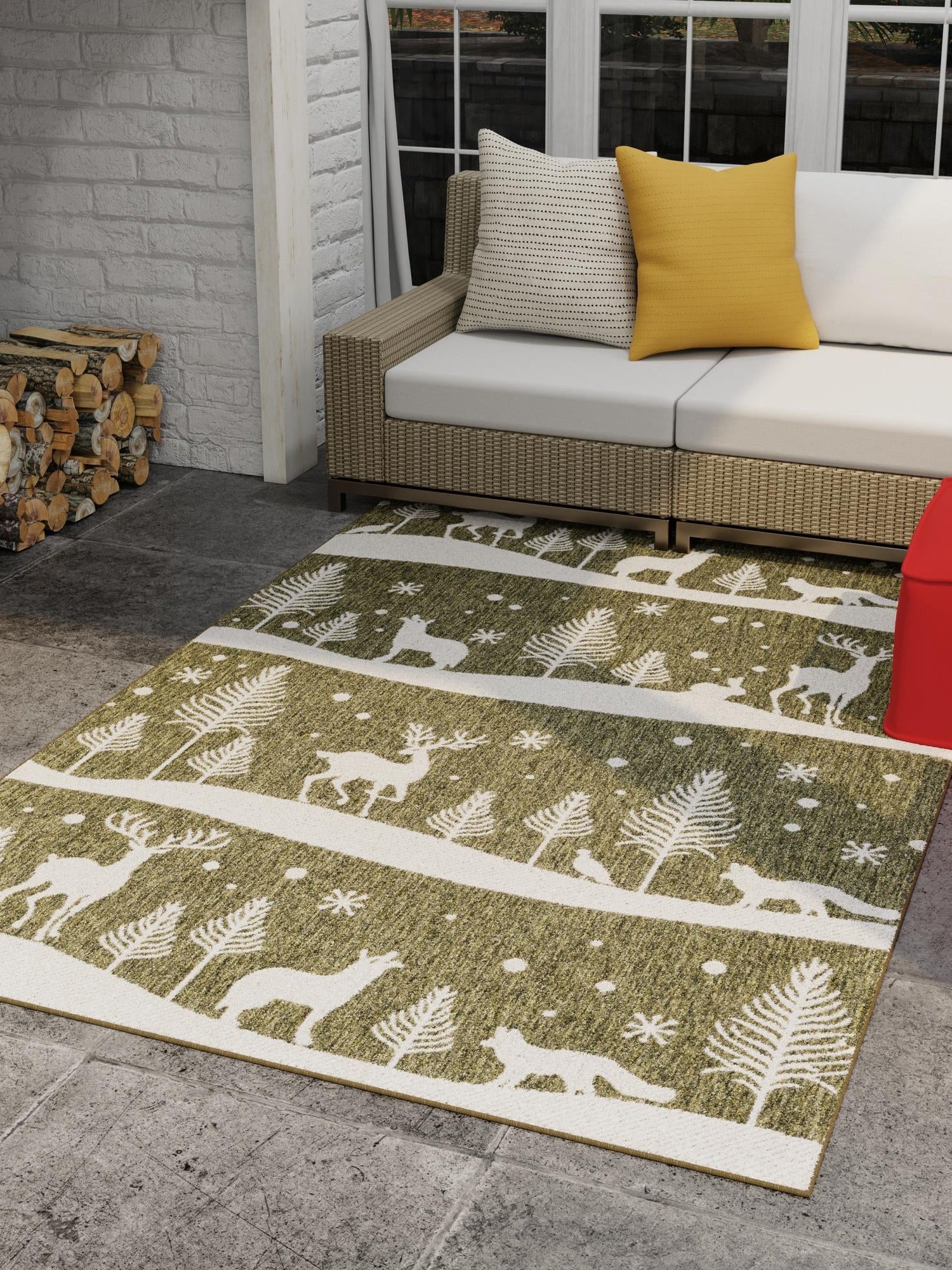 Seasonal Festive Green 4' 1 x 6' 1 Outdoor Holiday Rectangle Area Rug Weather Resistant for Patio, Deck, Terrace, Balcony, Porch Winter Decor Carpet for Sale at Rug Engine