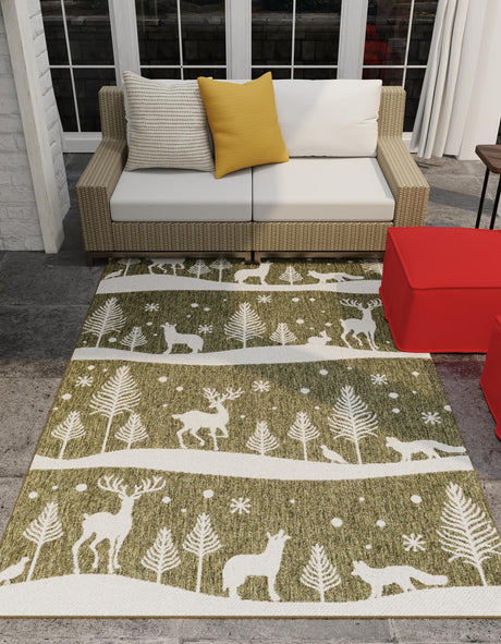 Seasonal Festive Green 2' x 3' 1 Outdoor Holiday Rectangle Area Rug Weather Resistant for Patio, Deck, Terrace, Balcony, Porch Winter Decor Carpet for Sale at Rug Engine