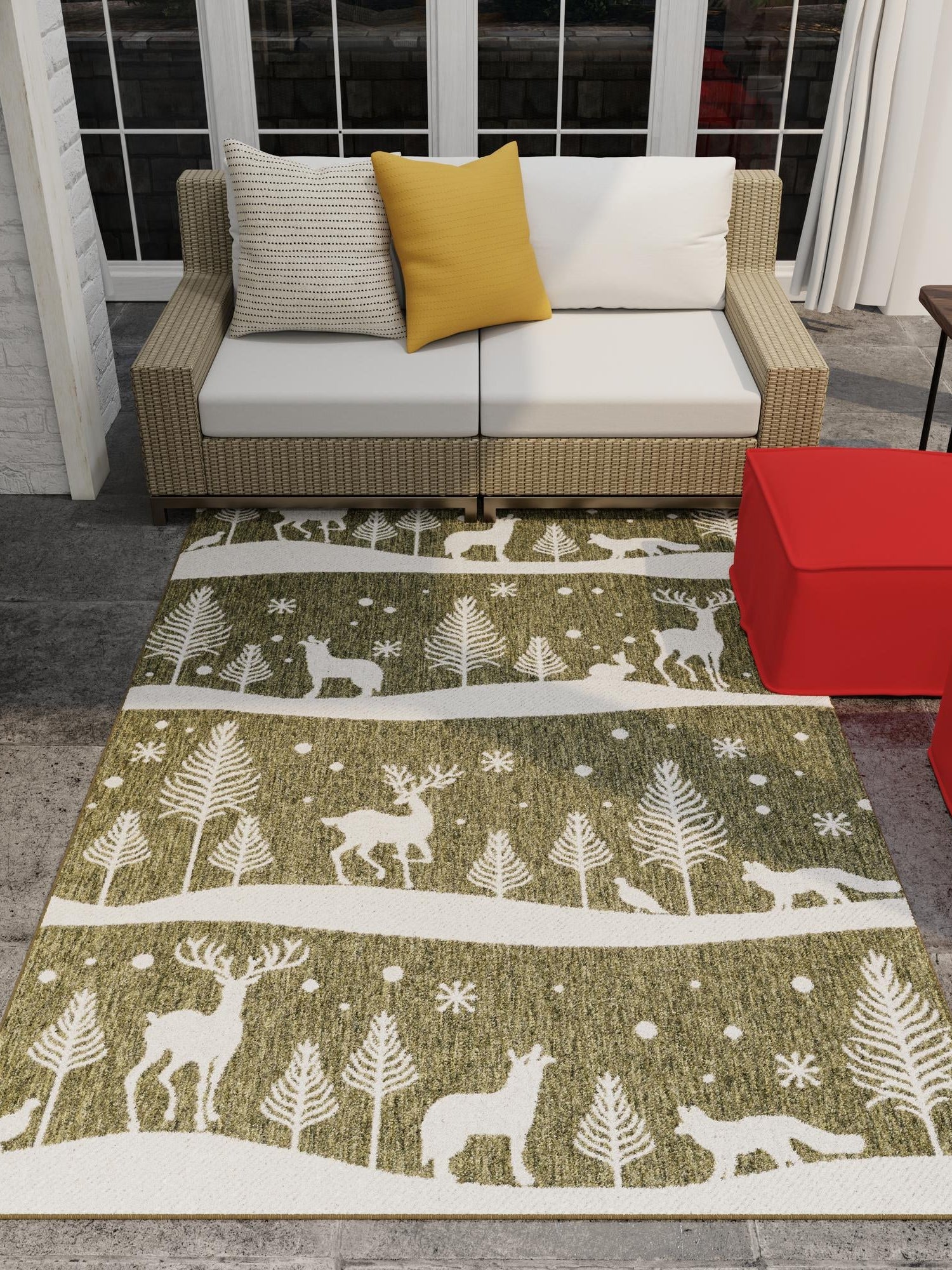 Seasonal Festive Green 5' 3 x 7' 1 Outdoor Holiday Rectangle Area Rug Weather Resistant for Patio, Deck, Terrace, Balcony, Porch Winter Decor Carpet for Sale at Rug Engine