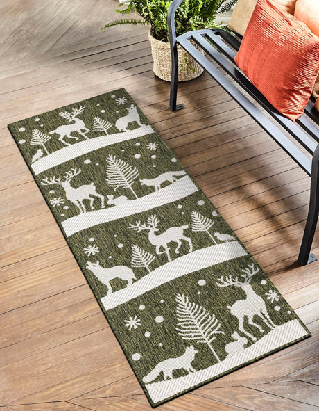 Seasonal Festive Green 2' x 6' 1 Outdoor Holiday Runner Area Rug Weather Resistant for Patio, Deck, Terrace, Balcony, Porch Winter Decor Carpet for Sale at Rug Engine