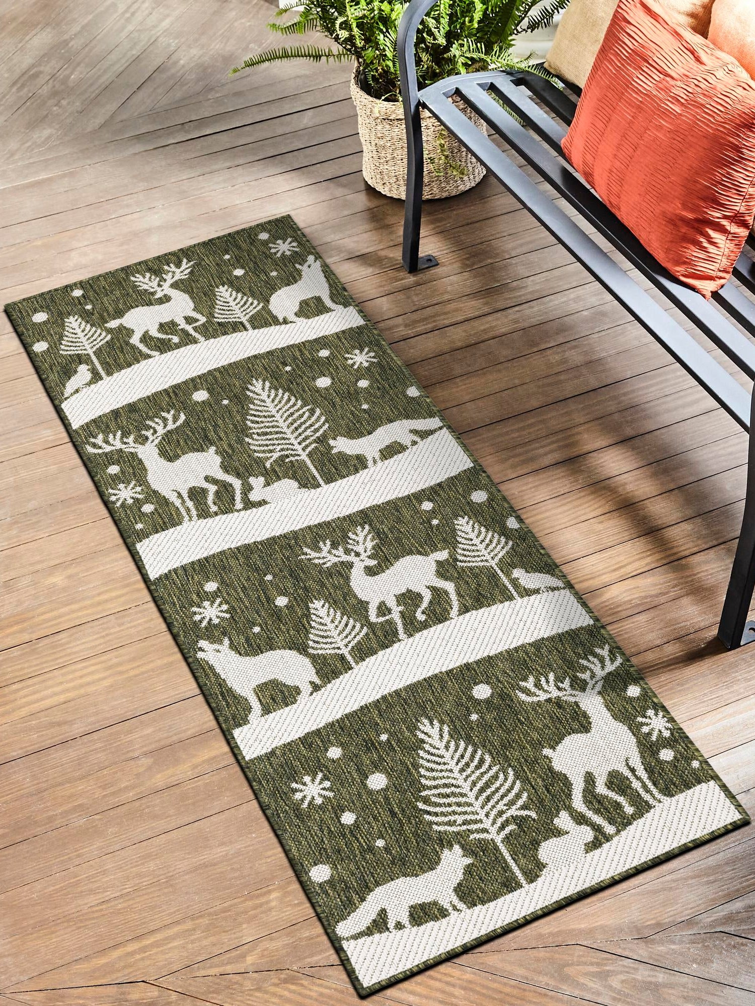 Seasonal Festive Green 2' x 8' Outdoor Holiday Runner Area Rug Weather Resistant for Patio, Deck, Terrace, Balcony, Porch
