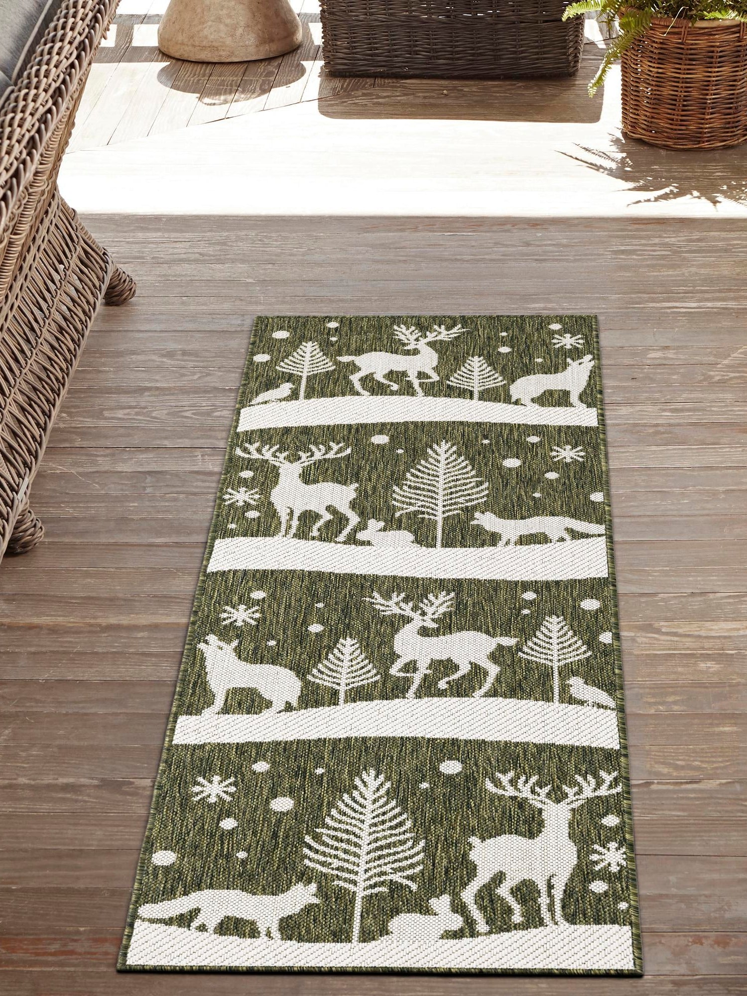 Seasonal Festive Green 2' x 5' 3 Outdoor Holiday Runner Area Rug Weather Resistant for Patio, Deck, Terrace, Balcony, Porch Winter Decor Carpet for Sale at Rug Engine