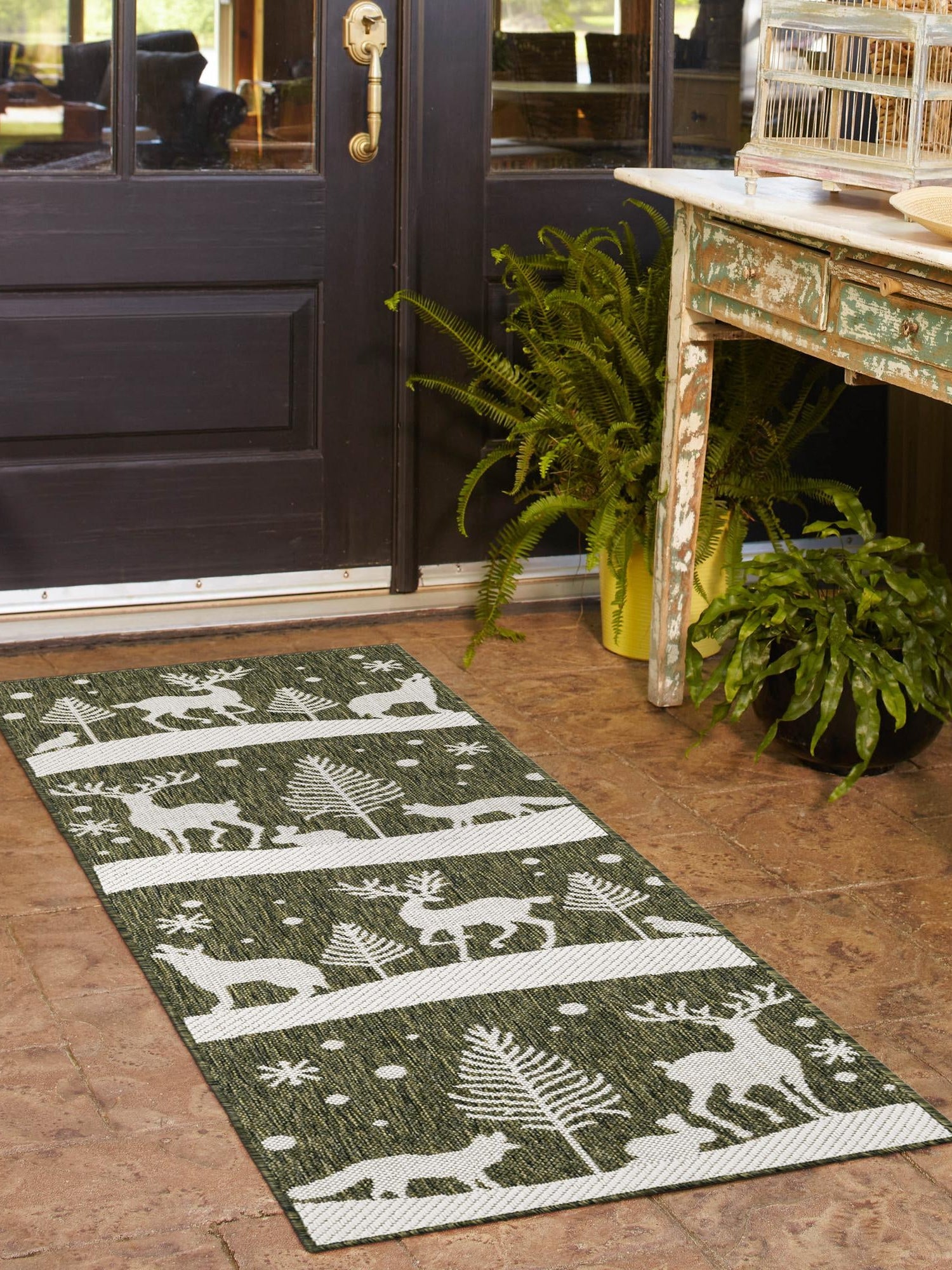 Seasonal Festive Green 2' x 8' Outdoor Holiday Runner Area Rug Weather Resistant for Patio, Deck, Terrace, Balcony, Porch