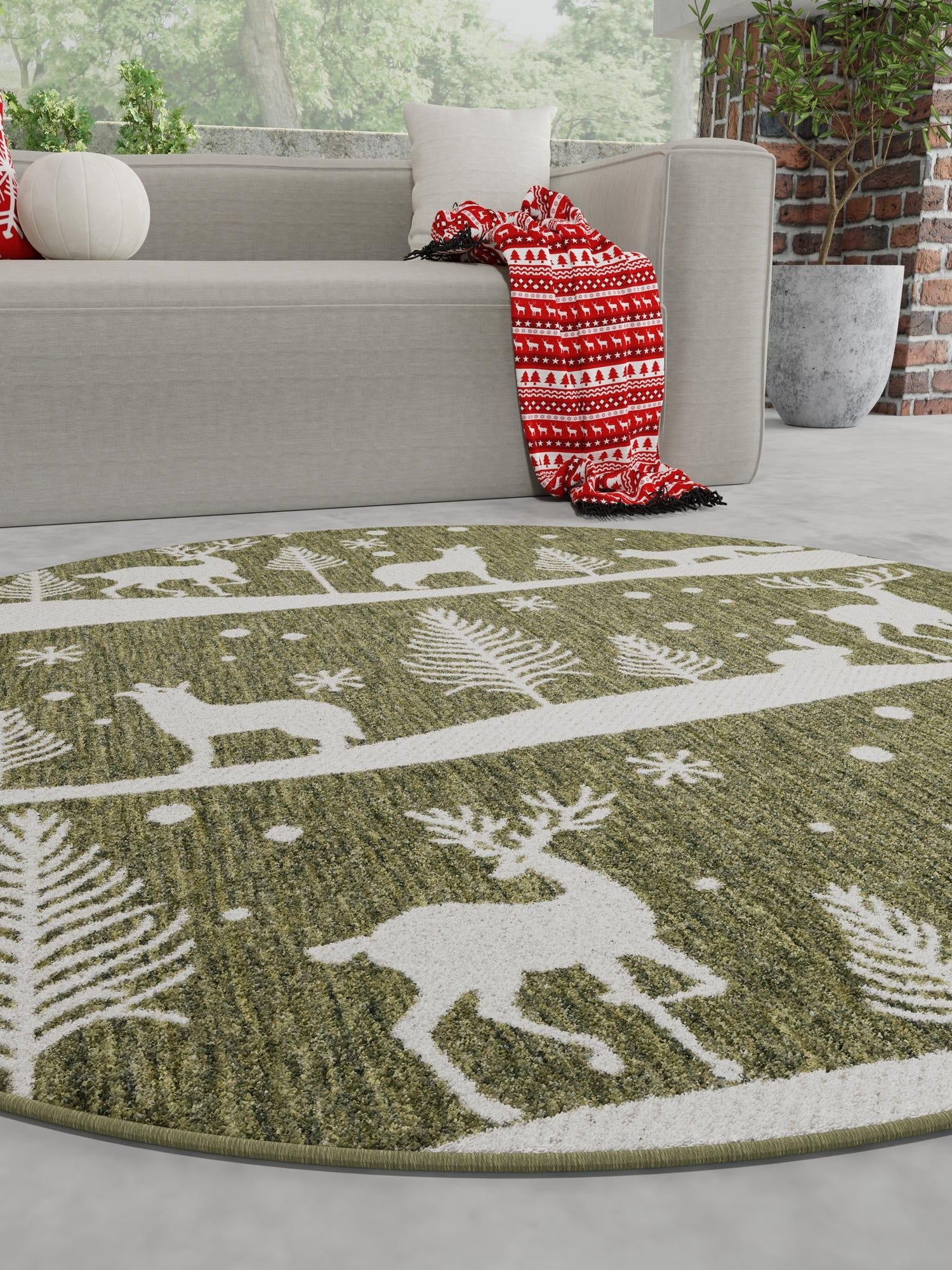 Seasonal Festive Green 5' 3 x 5' 3 Outdoor Holiday Round Area Rug Weather Resistant for Patio, Deck, Terrace, Balcony, Porch Winter Decor Carpet for Sale at Rug Engine