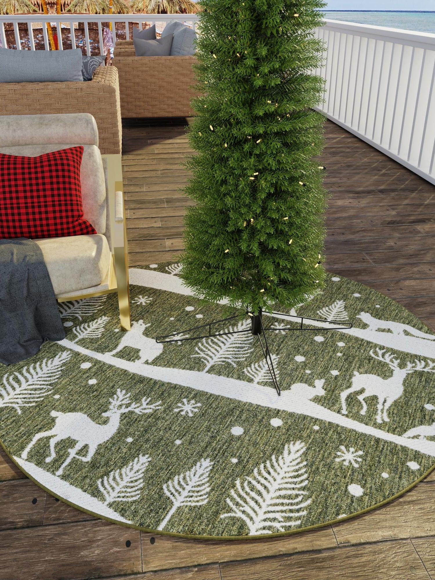 Seasonal Festive Green 5' 3 x 5' 3 Outdoor Holiday Round Area Rug Weather Resistant for Patio, Deck, Terrace, Balcony, Porch Winter Decor Carpet for Sale at Rug Engine