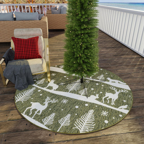 Seasonal Festive Green 7' 10 x 7' 10 Outdoor Holiday Round Area Rug Weather Resistant for Patio, Deck, Terrace, Balcony, Porch Winter Decor Carpet for Sale at Rug Engine
