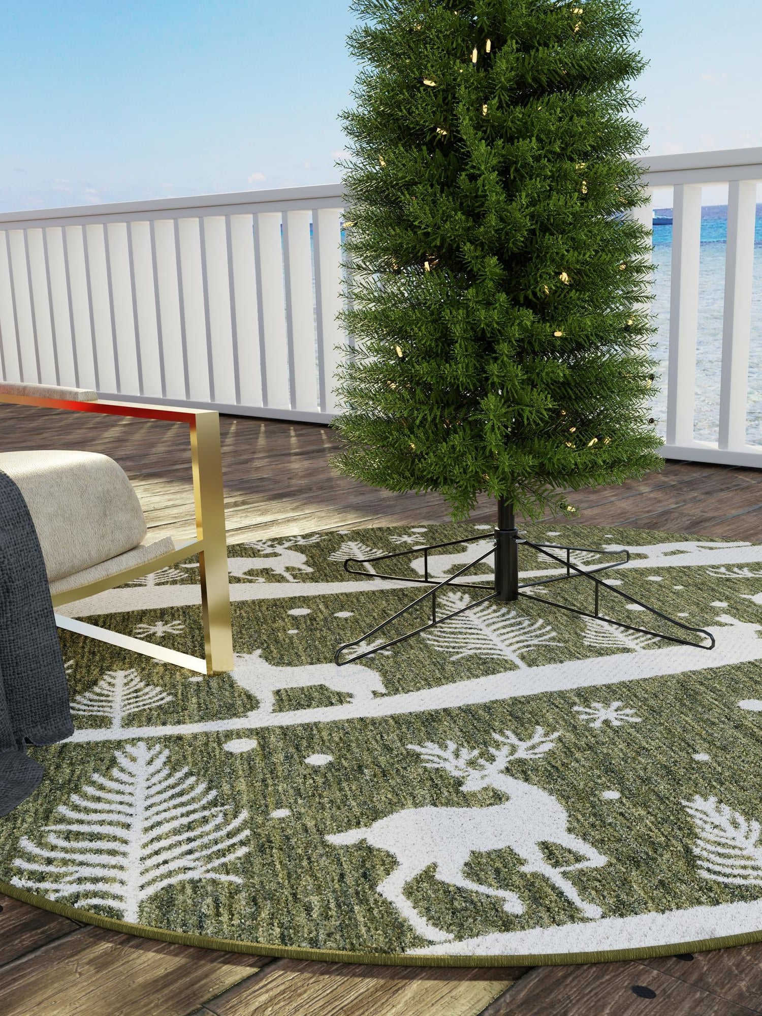 Seasonal Festive Green 7' 10 x 7' 10 Outdoor Holiday Round Area Rug Weather Resistant for Patio, Deck, Terrace, Balcony, Porch