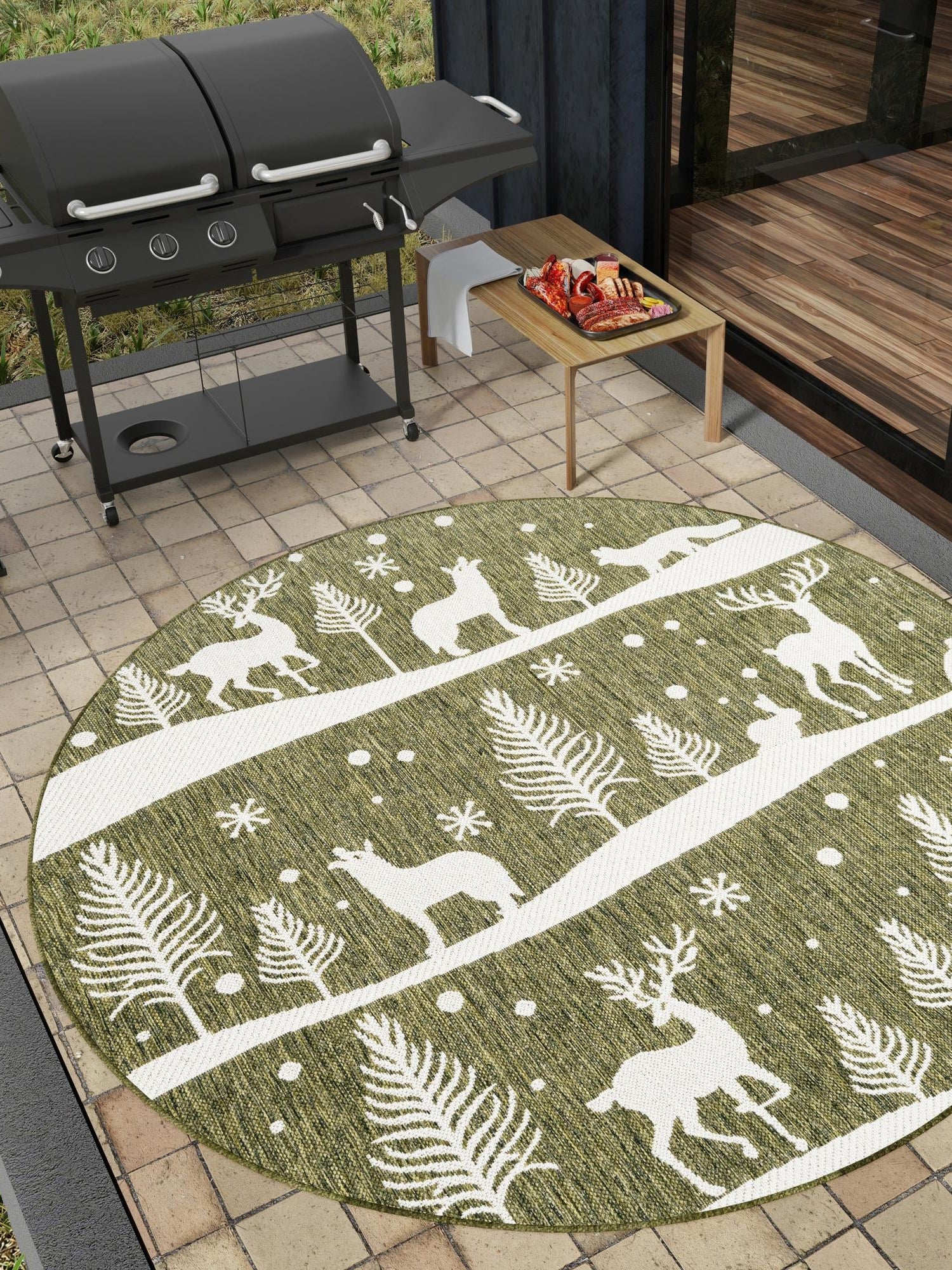 Seasonal Festive Green 5' 3 x 5' 3 Outdoor Holiday Round Area Rug Weather Resistant for Patio, Deck, Terrace, Balcony, Porch Winter Decor Carpet for Sale at Rug Engine