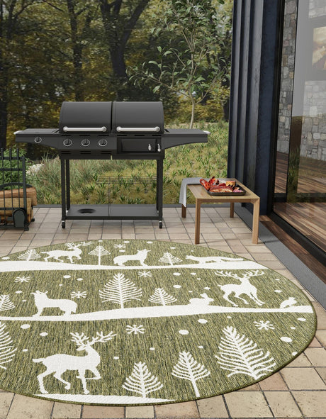 Seasonal Festive Green 3' 1 x 3' 1 Outdoor Holiday Round Area Rug Weather Resistant for Patio, Deck, Terrace, Balcony, Porch Winter Decor Carpet for Sale at Rug Engine