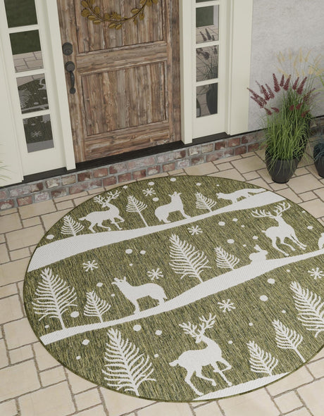 Seasonal Festive Green 3' 1 x 3' 1 Outdoor Holiday Round Area Rug Weather Resistant for Patio, Deck, Terrace, Balcony, Porch Winter Decor Carpet for Sale at Rug Engine