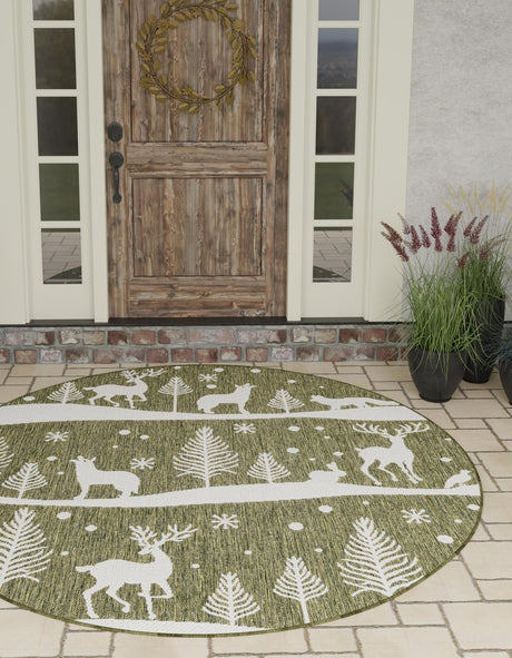 Seasonal Festive Green 3' 1 x 3' 1 Outdoor Holiday Round Area Rug Weather Resistant for Patio, Deck, Terrace, Balcony, Porch Winter Decor Carpet for Sale at Rug Engine