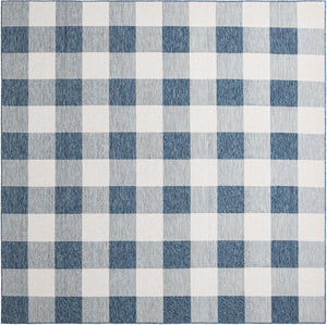 Blue 10' x 10' Outdoor Checkered Square Area Rug Weather Resistant for Patio, Deck, Terrace, Balcony, Porch