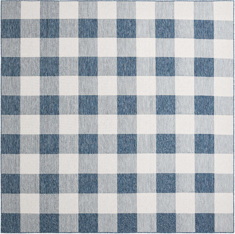 Blue 10' x 10' Outdoor Checkered Square Area Rug Weather Resistant for Patio, Deck, Terrace, Balcony, Porch
