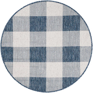 Blue 3' 1 x 3' 1 Outdoor Checkered Round Area Rug Weather Resistant for Patio, Deck, Terrace, Balcony, Porch 100% Polypropylene Geometric Carpet for Sale at Rug Engine