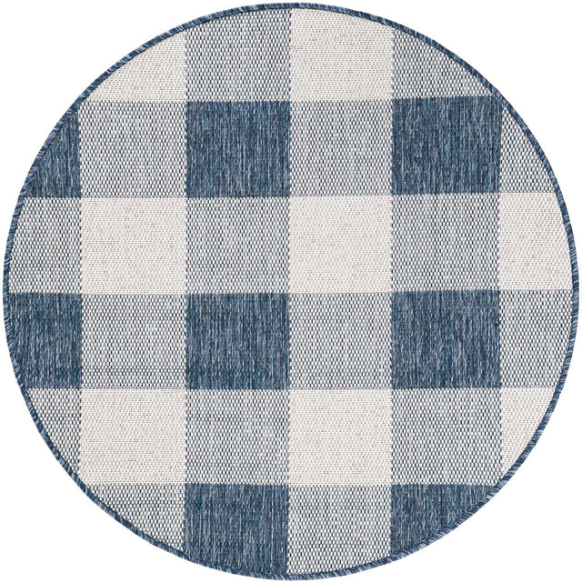 Blue 3' 1 x 3' 1 Outdoor Checkered Round Area Rug Weather Resistant for Patio, Deck, Terrace, Balcony, Porch 100% Polypropylene Geometric Carpet for Sale at Rug Engine