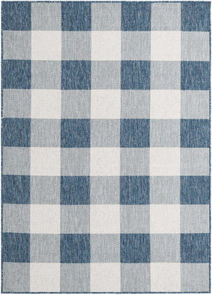 Blue 5' 3 x 7' 1 Outdoor Checkered Rectangle Area Rug Weather Resistant for Patio, Deck, Terrace, Balcony, Porch 100% Polypropylene Geometric Carpet for Sale at Rug Engine