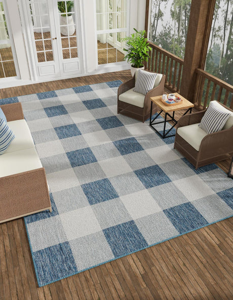 Blue 2' x 3' 1 Outdoor Checkered Rectangle Area Rug Weather Resistant for Patio, Deck, Terrace, Balcony, Porch