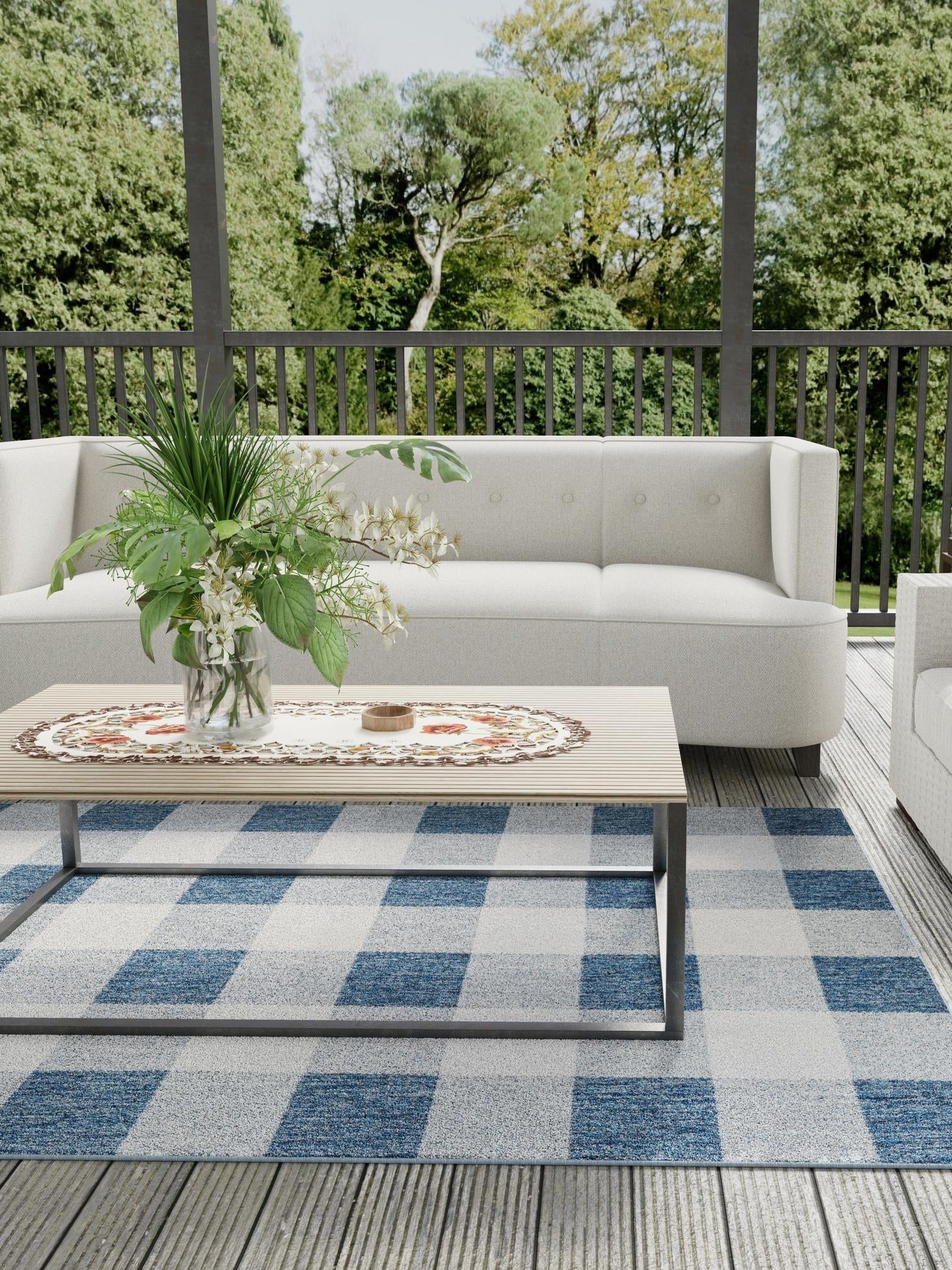 Blue 4' 1 x 6' 1 Outdoor Checkered Rectangle Area Rug Weather Resistant for Patio, Deck, Terrace, Balcony, Porch 100% Polypropylene Geometric Carpet for Sale at Rug Engine