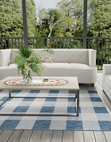 Blue 4' 1 x 6' 1 Outdoor Checkered Rectangle Area Rug Weather Resistant for Patio, Deck, Terrace, Balcony, Porch 100% Polypropylene Geometric Carpet for Sale at Rug Engine